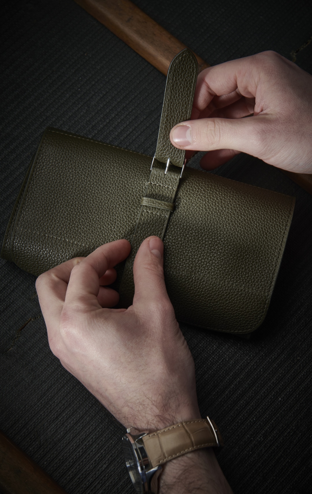 watch roll hand leather goods wach strap brown green