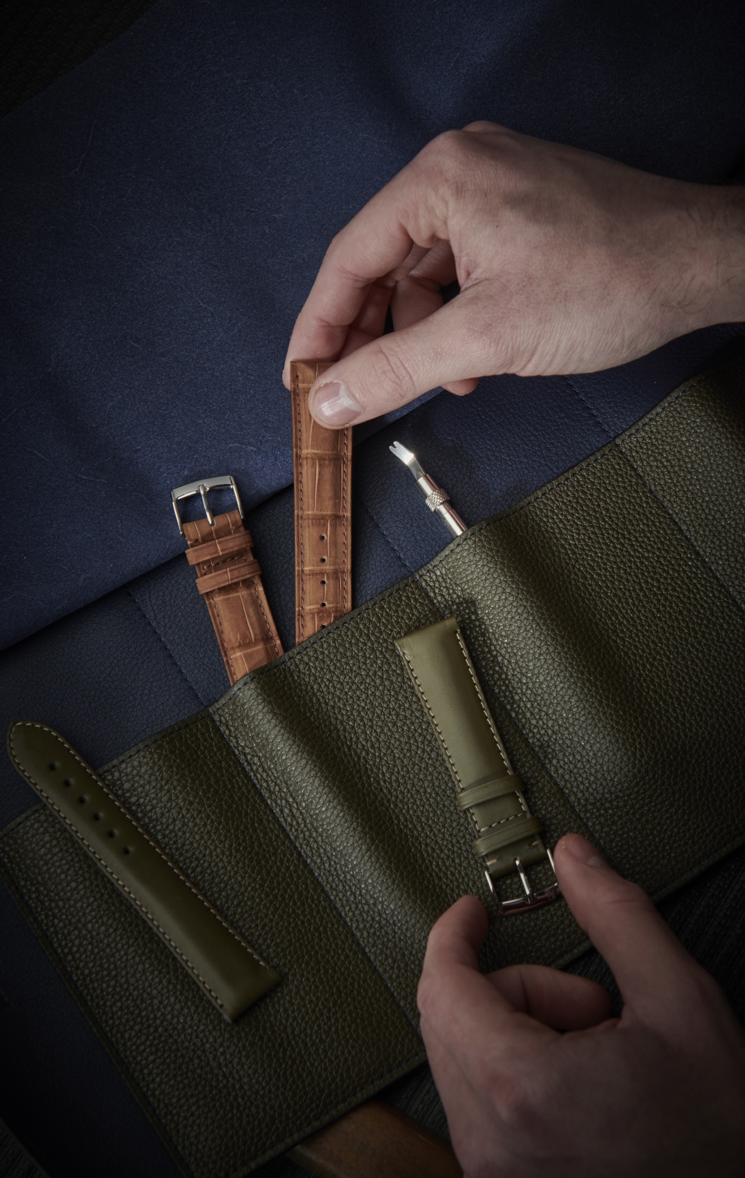 watch roll hand leather goods wach strap brown green