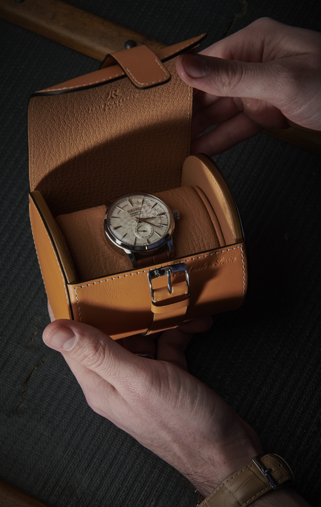 watch roll hand man jean rousseau leather goods brown