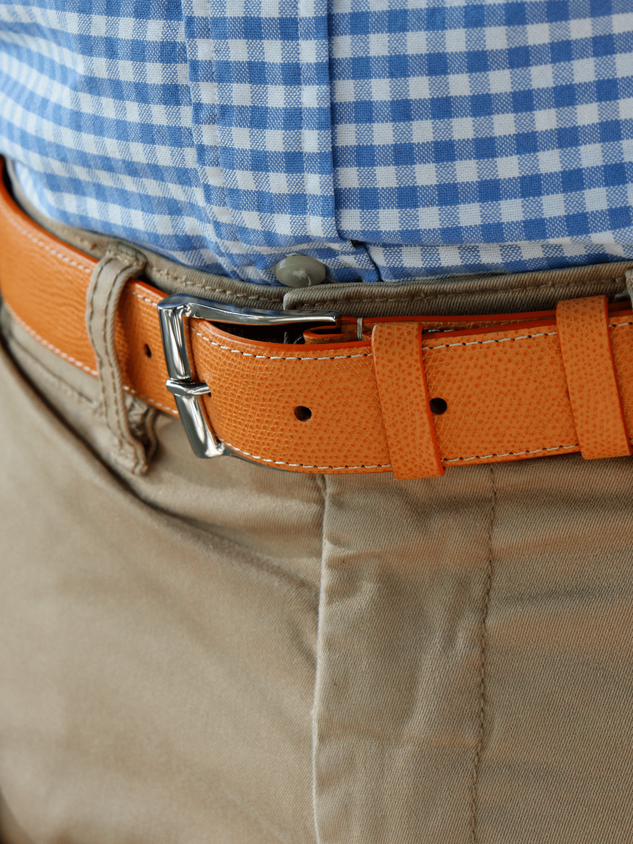 belt ostrich silver buckle blue shirt orange