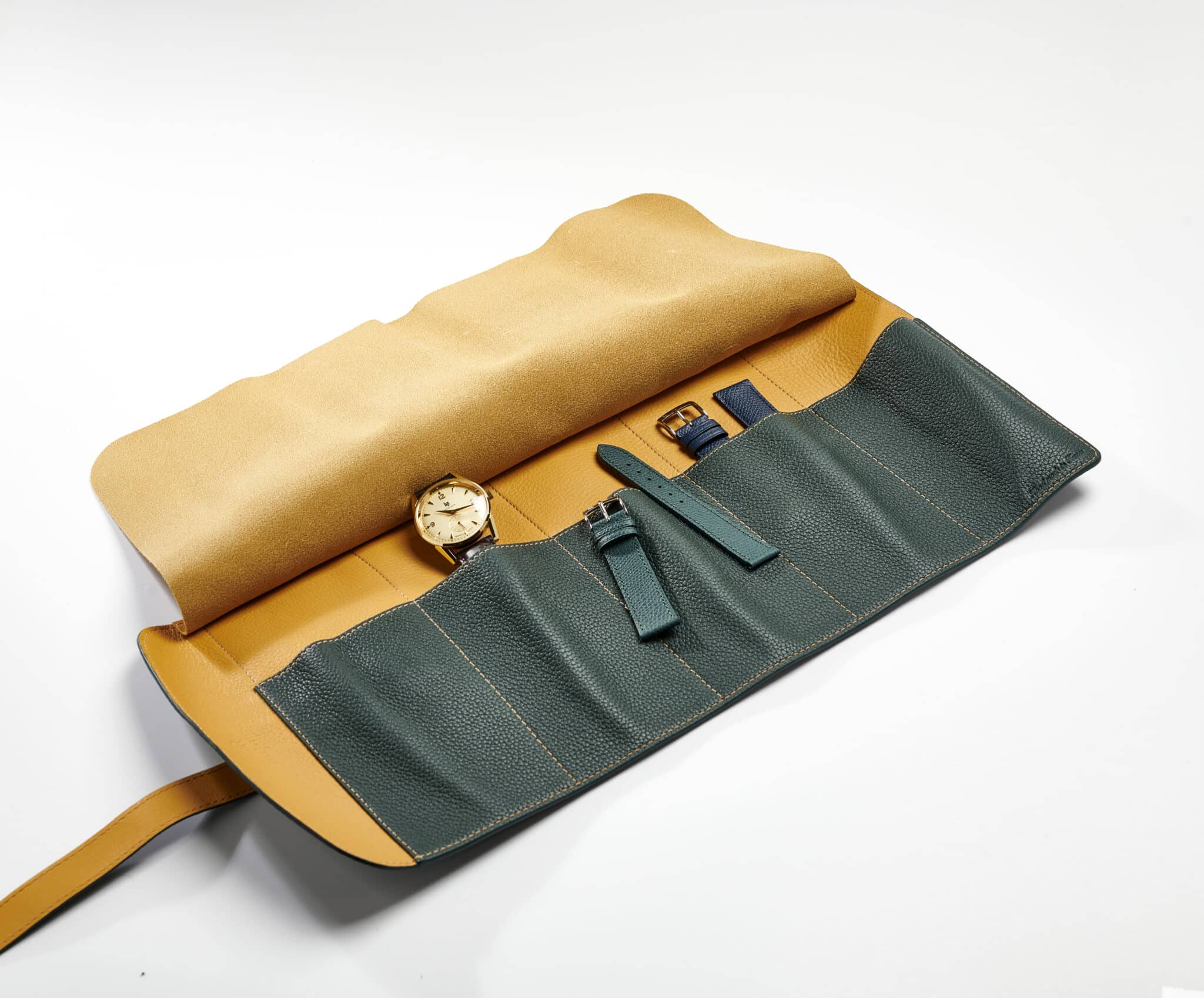 jean rousseau leather goods straps watch roll case green yellow